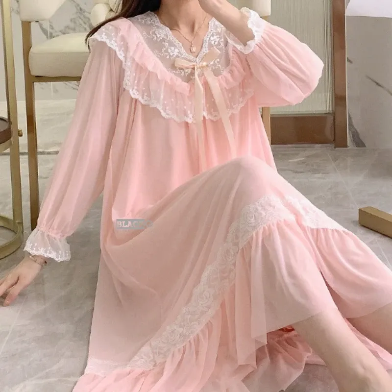 Fairy V-Neck vintage White nightdress for Women - Sweet Autumn Full Sleeve Nightgown in Solid Colors