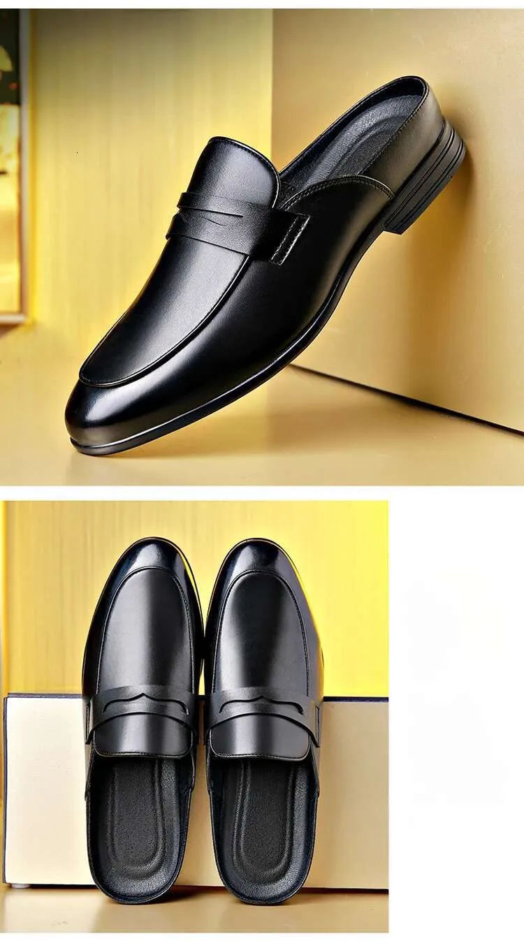 Men\'s Black Slip-On Leather Loafers with Yellow Insole Mens Black Leather Mules Slip-On Loafers with EVA Insole and  main image 3