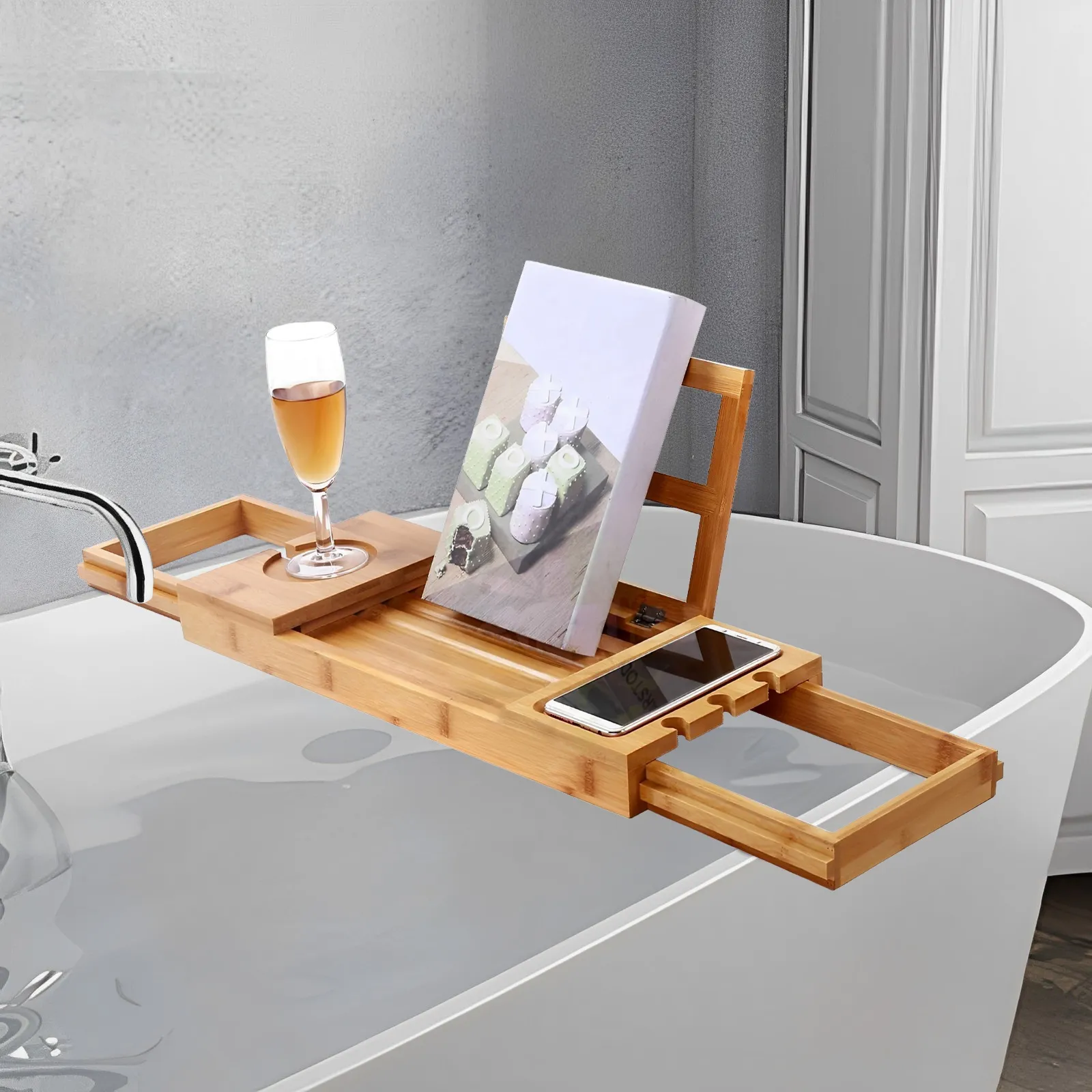 Expandable Bamboo Bathtub Shelf Tray Adjustable Length Soaking Tub ...