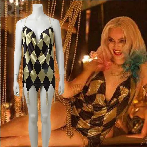 harley quinn dress black and gold Yellow Checked Slip 80s prom Outfit Joker Suit Clown Wig for Women's Halloween Cosplay costumes Item type Harley Quinn Gold Dress |