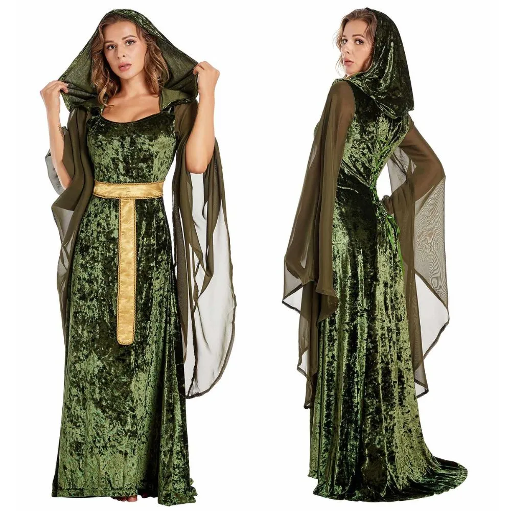 Women Fantasy Medieval Dress Costume Set Silk Lace Up Renaissance Velvet  Trumpet Sleeve Green from Dhgate Others Apparel - price 39.95