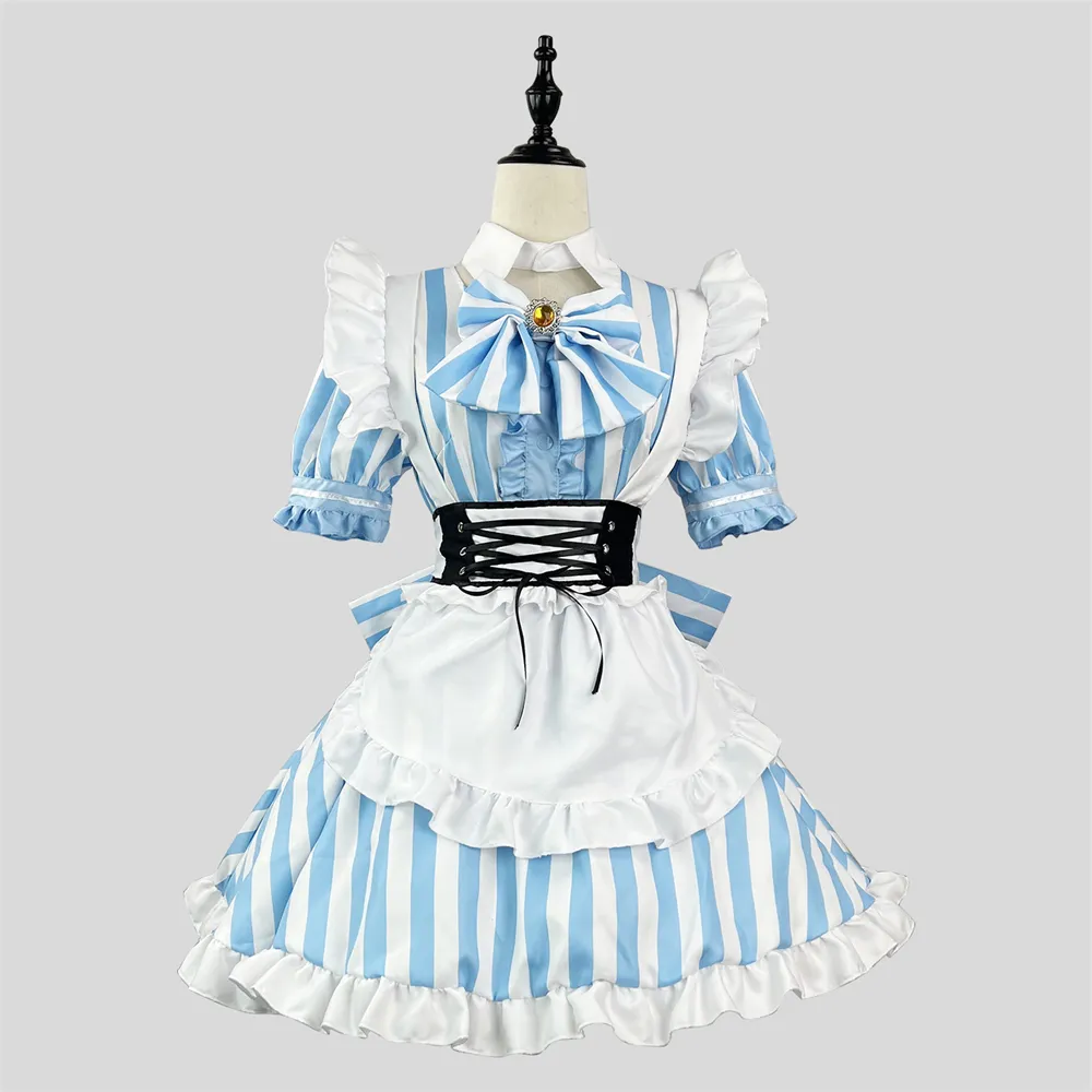 Sweet Blue and White Striped Maid lancha dress for Cosplay and Anime Uniform Outfits - Japanese Style Kawaii Lolita Waitress Costume for Girls Sweet Blue and White Striped Maid lancha dress for Cosplay and Anime Uniform Outfits - Japanese Style Kawaii Lolita Waitress Costume for Girls
