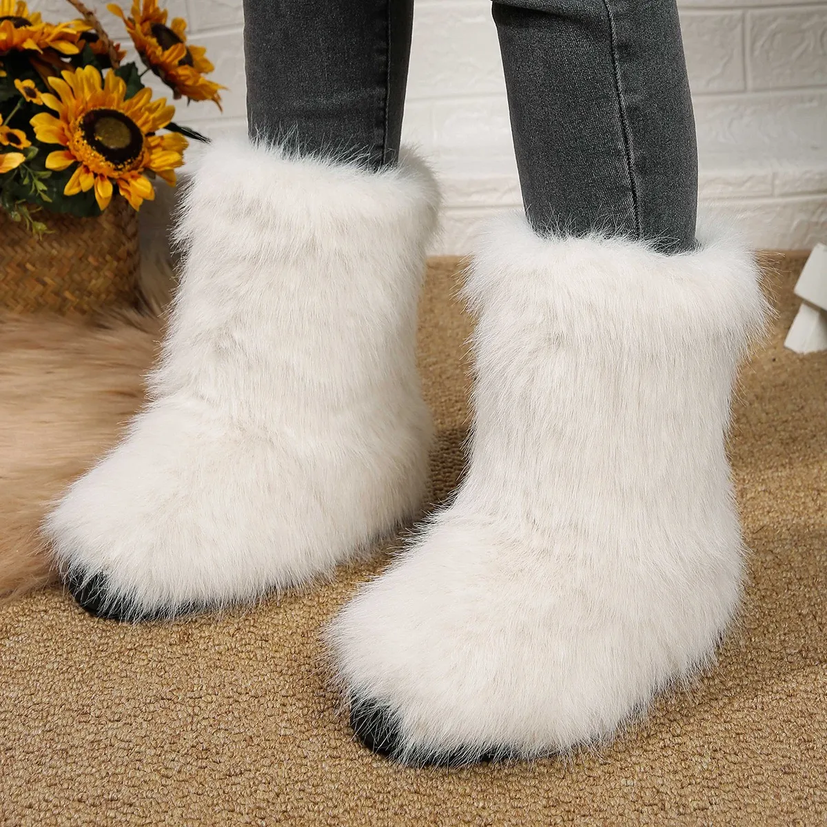 Yello SNOWY FAUX FUR BOOTS ファーブーツ Women Faux Fur Boots Ladies Fuzzy Fluffy Furry Round Toe