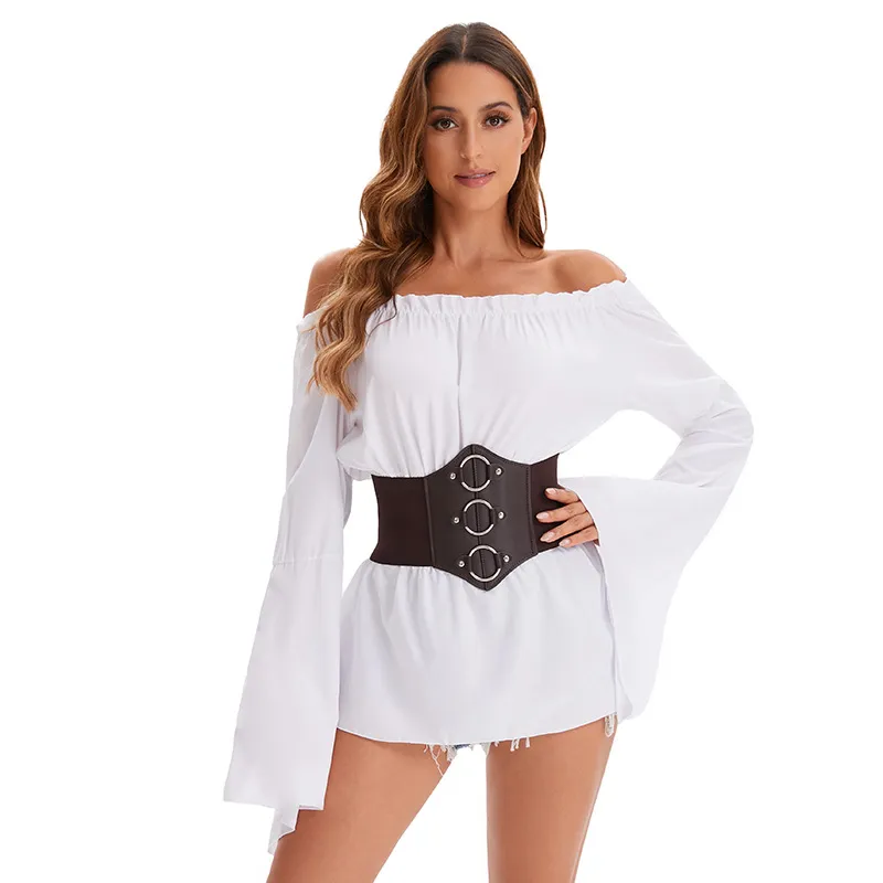 Medieval Renaissance Long Sleeve Pirate Blouse with Tunic and Renaissance corset top for Halloween - Lady Black and White