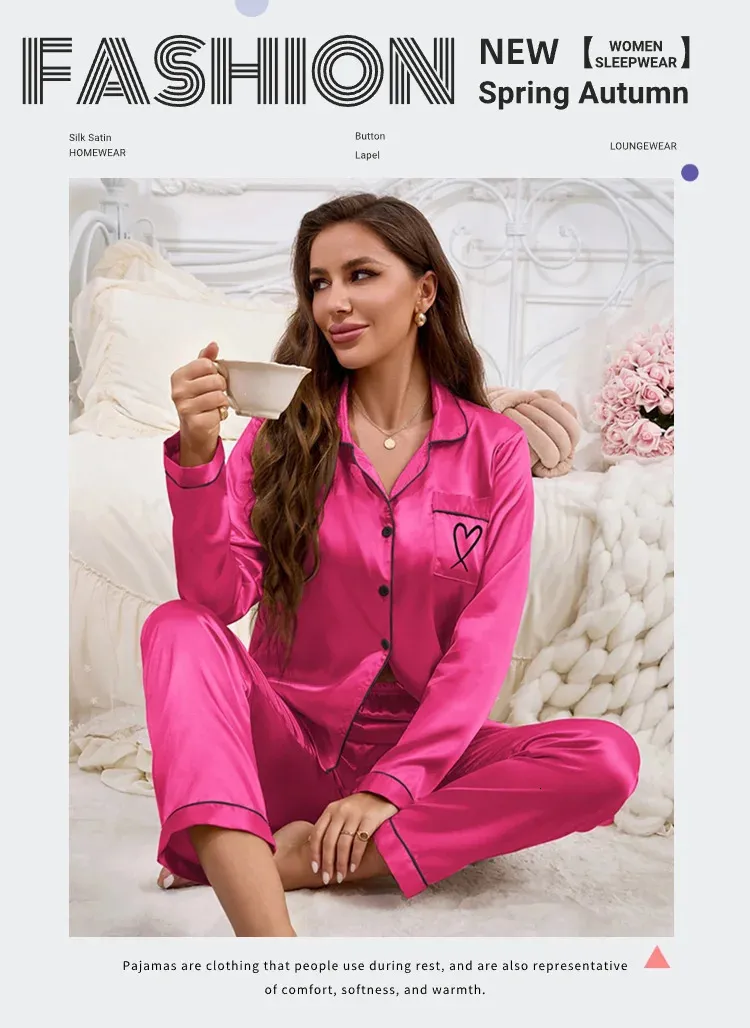 Women's Satin Pajama Set - Long Sleeve Button-Down Top & Pants, Soft Striped Loungewear, Hot Pink - View #4