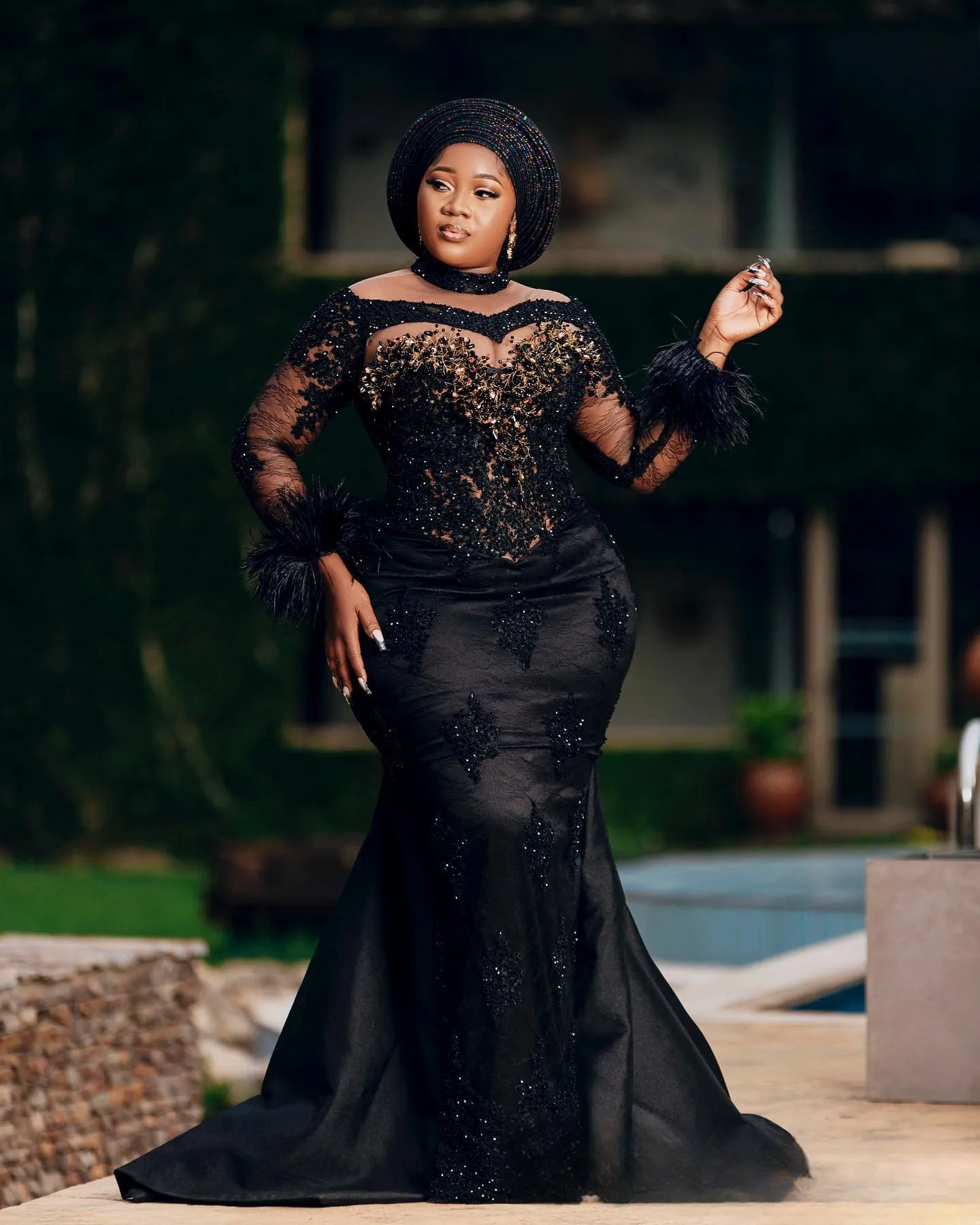 Save Big on Bulk Plus Size Black Prom Gown Plus Size Black Formal Gown:  Feathered High Neck Long Sleeve Lace Prom Dress Elegant Evening \u0026 Wedding  ... Plus Size Black Formal Gown: Feathered High Neck Long Sleeve Lace Prom Dress  Elegant Evening \u0026 Wedding Guest Dress From Babynice888, $240.56 | DHgate.Com