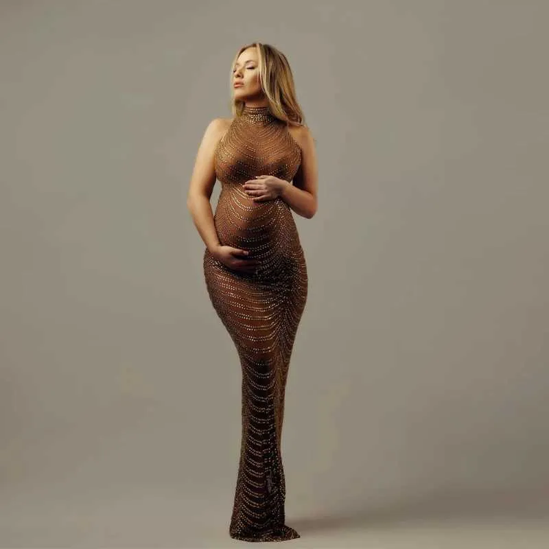Shiny Drill Pregnancy Prop maternity photoshoot dress - Sexy and Elegant Goddess Tight Gown for sheer Pregnant Photography - W250113