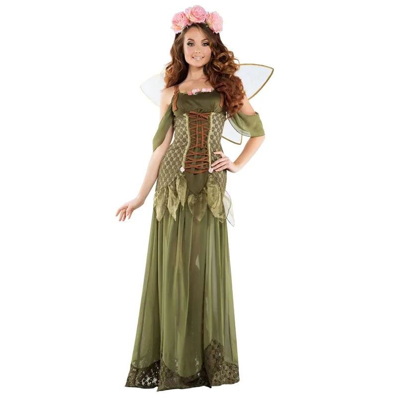 Carnival Lady Flower Fairy Costume Pixie Fairy Forest Green Elf Cosplay Halloween Party Fancy Dress