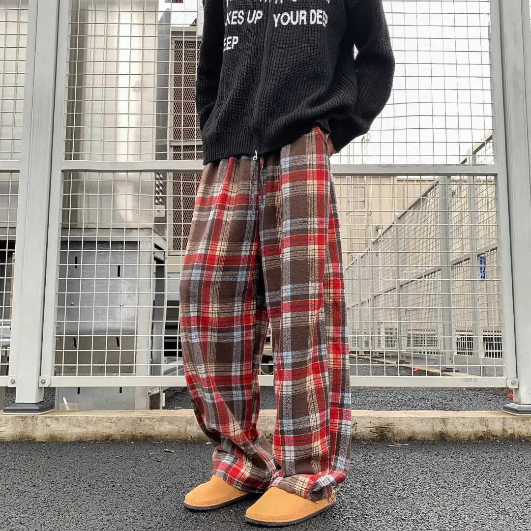 Vintage Red Check Plaid Woollen Red Plaid Pants for Men - Autumn/Winter Casual Straight Long Trousers - Fashionable Strtwear Clothes (X250113)