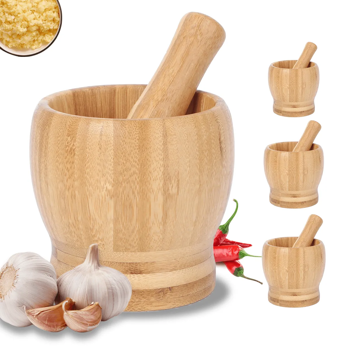 Mortar Pestle Set, Manual Garlic Grinder, Brown, Wooden Crusher