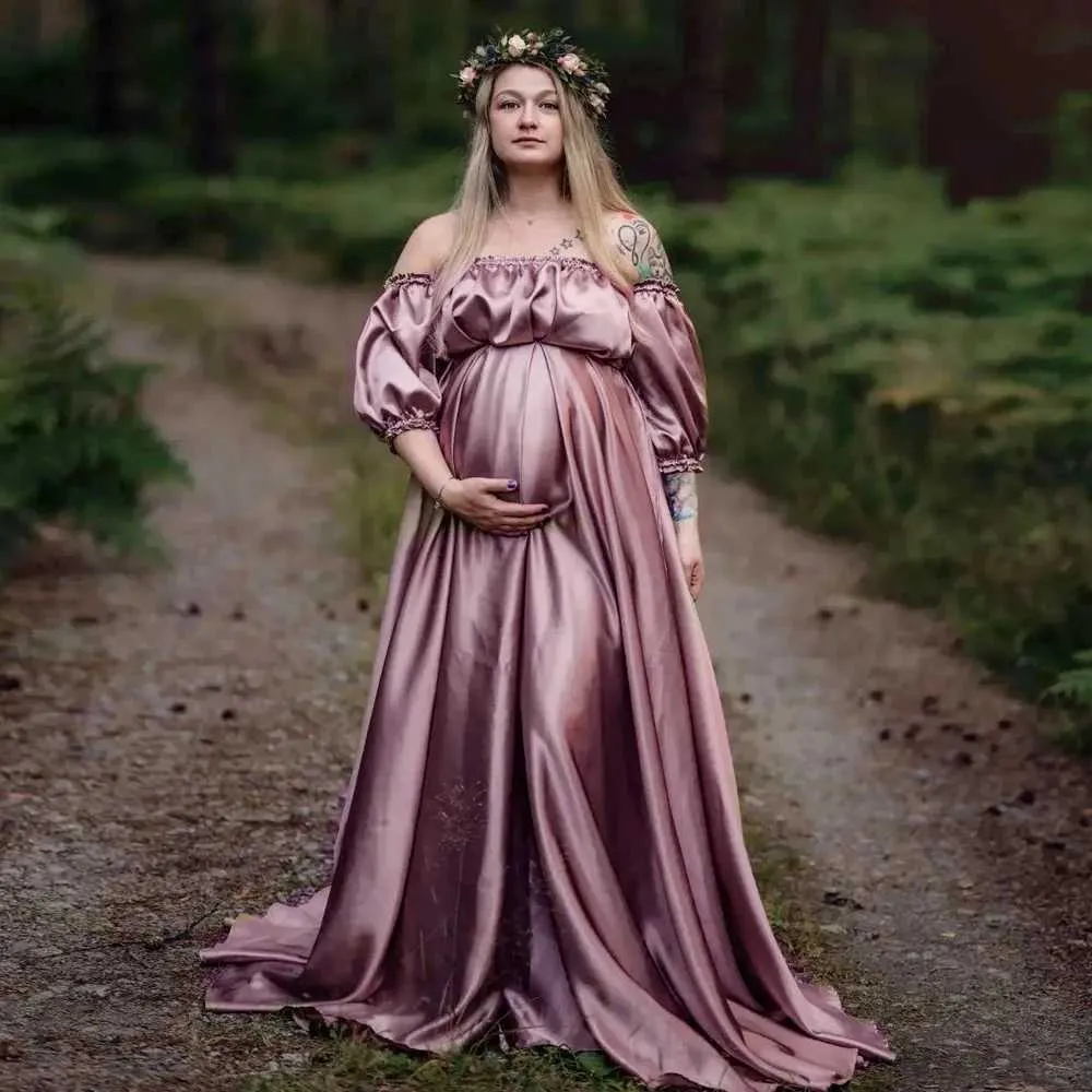 Elegant Bohemian Satin Chiffon maternity frocks for photoshoot for Photo Shoots - Women's Loose Fit (W250113)