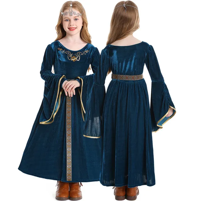 Girls Renaissance Queen Costume Set - Medium Size Blue Velvet Dress With Crown & Veil