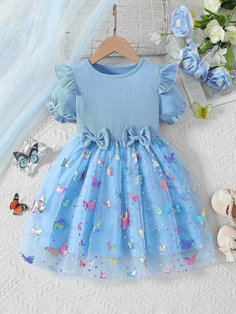 knee length dresses for ladies 3-D Butterfly Jewel Sheer Bodice Mesh Ball Gown w/ Tied Sleeves GL3482 GLS by Gloria Lilac/Blue / 5XL