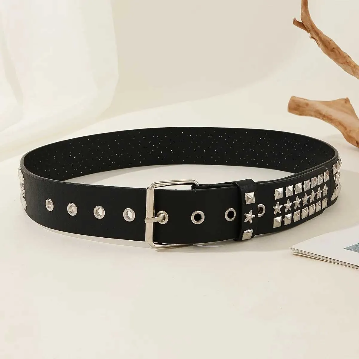 Genuine Leather Studded Belt Adjustable Punk Style 41.3 Inches 1.5 main image 2