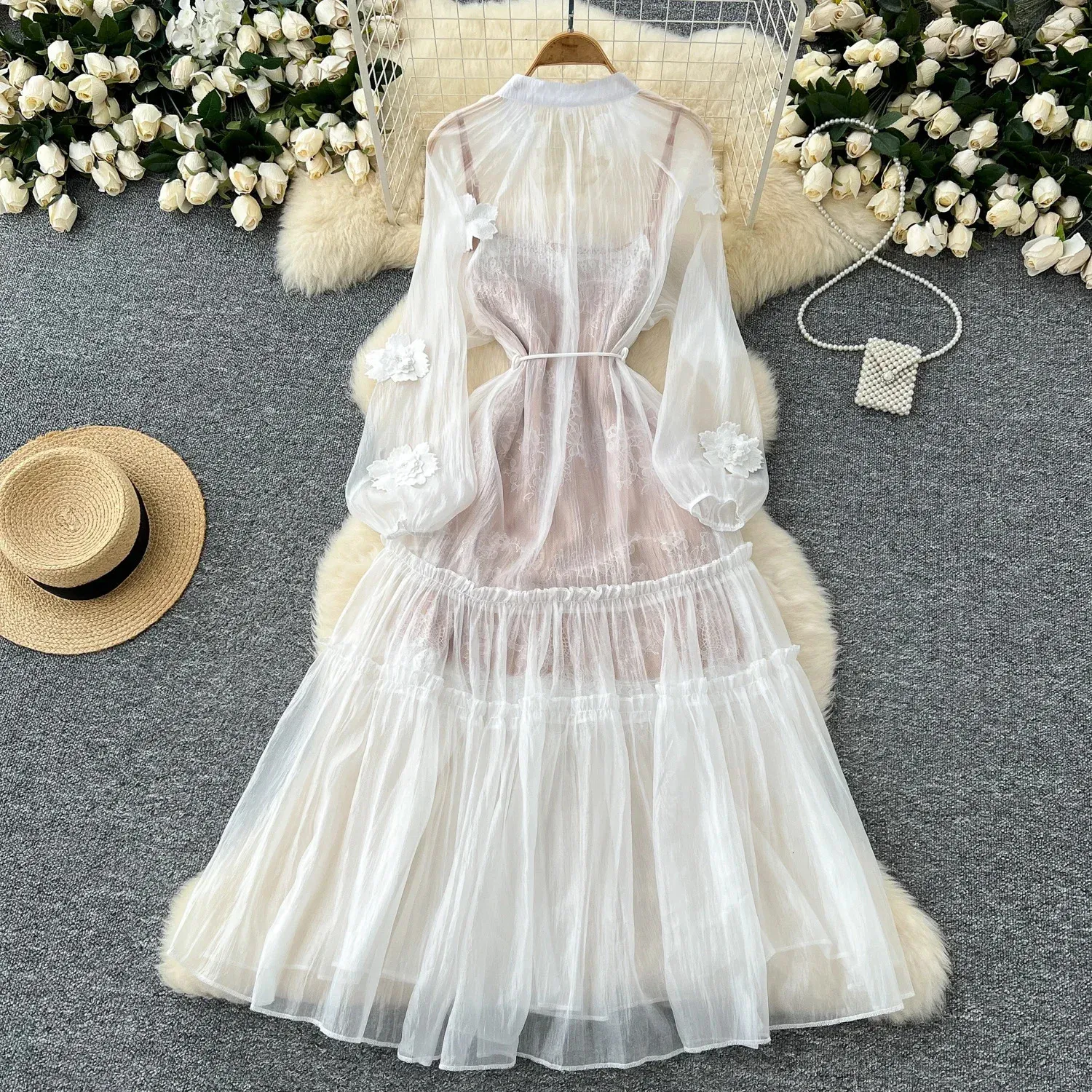 knee length dresses for ladies Sheer Mesh Tie Front Crop Top & Ruched Side Mini Dress main image 1