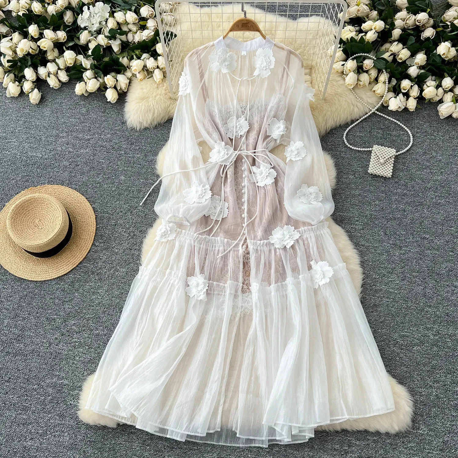 Retro 3D Floral Mesh Two-Piece Lace Midi Dress for Women - Perfect for Vacation and High Street Fashion (Style 250109)