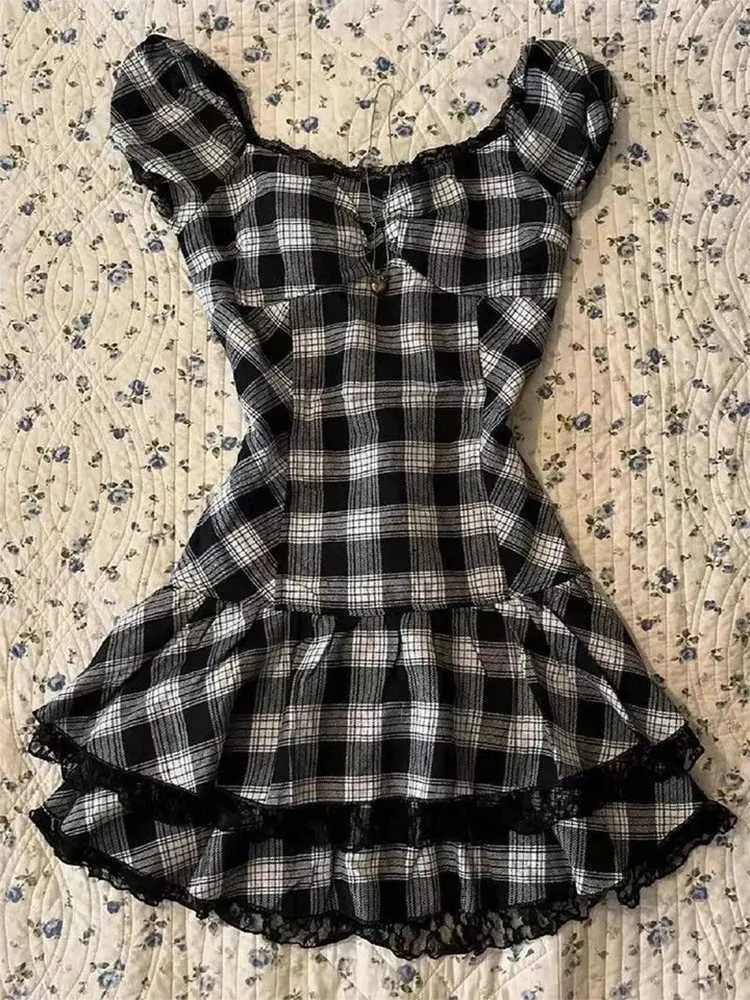 Harajuku Gothic Grid Pattern mini dress - SilmY2K Top for Women, Emo Girl,  Punk Street Retro, American Style with Sexy Lace - XJ250115