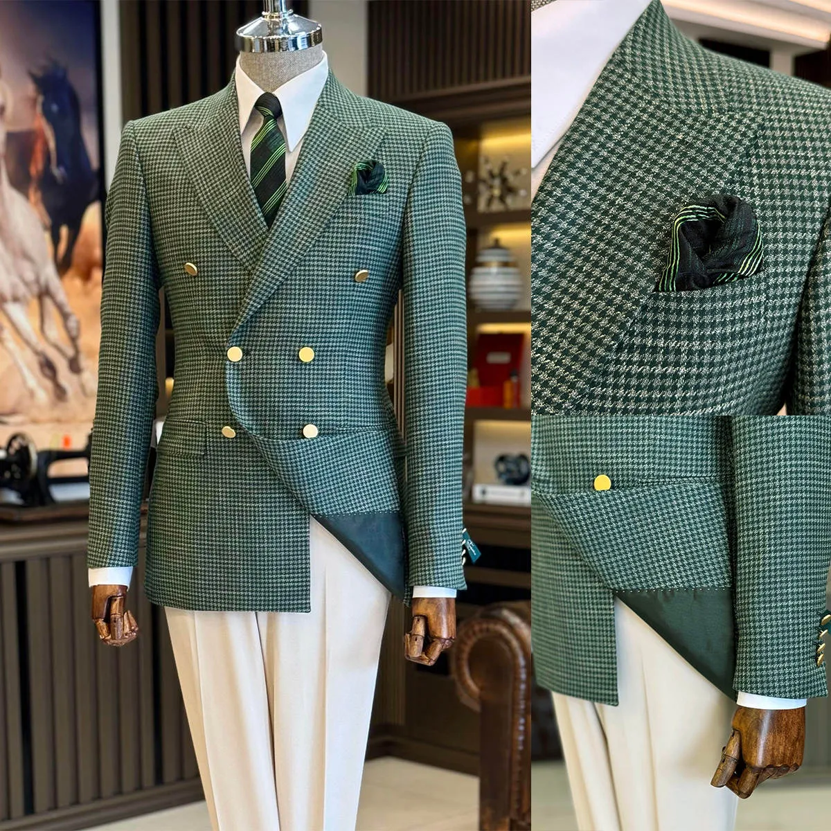 21% OFF Classic Men’s Double‑Breasted Check Tuxedo – Custom Wedding Suit at $63.10