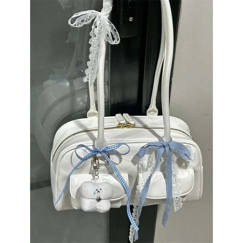 Retro witte tas met strik voor dames, trendy leren tas met vakjes, chique casual handtas, vintage schoudertas voor dames._voghion.com