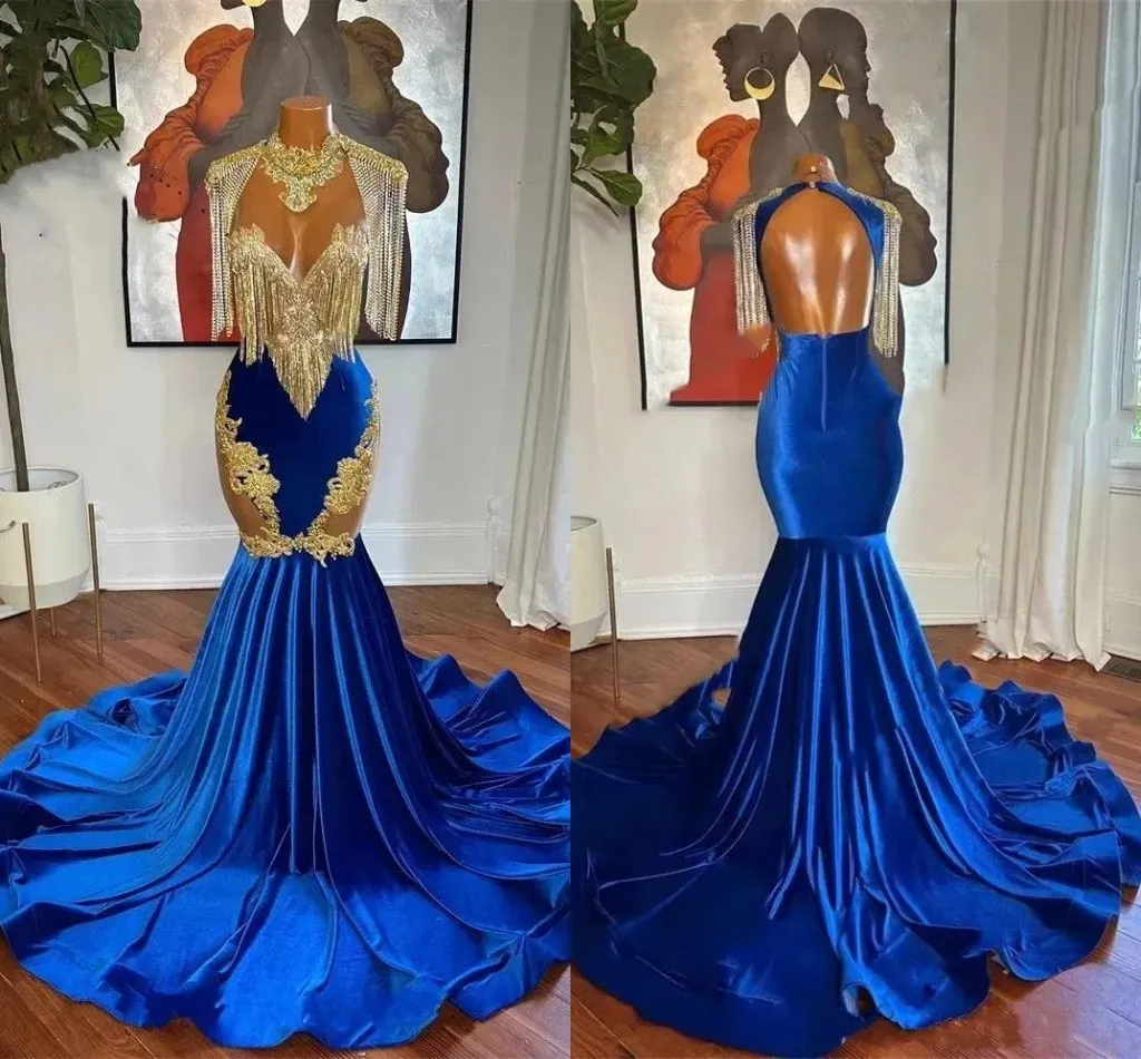green emerald velvet dress Royal Blue Gold Beaded Side Slit Mermaid Long Evening Prom Dresses, 17   SposaDresses