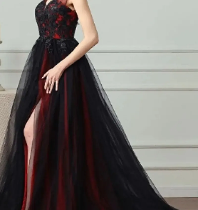 Vintage Gothic Black and Red a line reception dress with Sleeveless Straps, Lace Appliques, Split V-Neckline, and Aromatherapy - Perfect for Country Vintage Gothic Black and Red a line reception dress with Sleeveless Straps, Lace Appliques, Split V-Neckline, and Aromatherapy - Perfect for Country