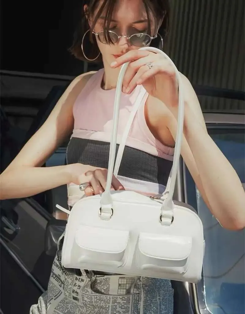 Retro witte tas met strik voor dames, trendy leren tas met vakjes, chique casual handtas, vintage schoudertas voor dames._voghion.com