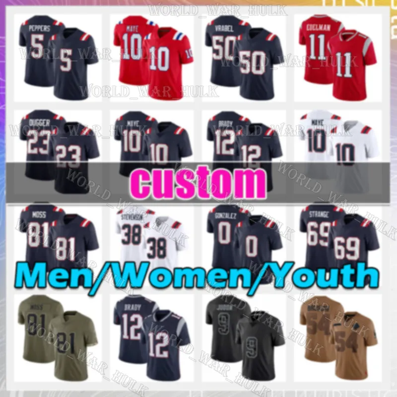 Save Big on Bulk Drake Jersey 10 Drake Maye Football Jersey 50 Mike Vrabel  12 Tom Brady New Englands Rhamondre Stevenson Christian Gonzalez Patriotes 