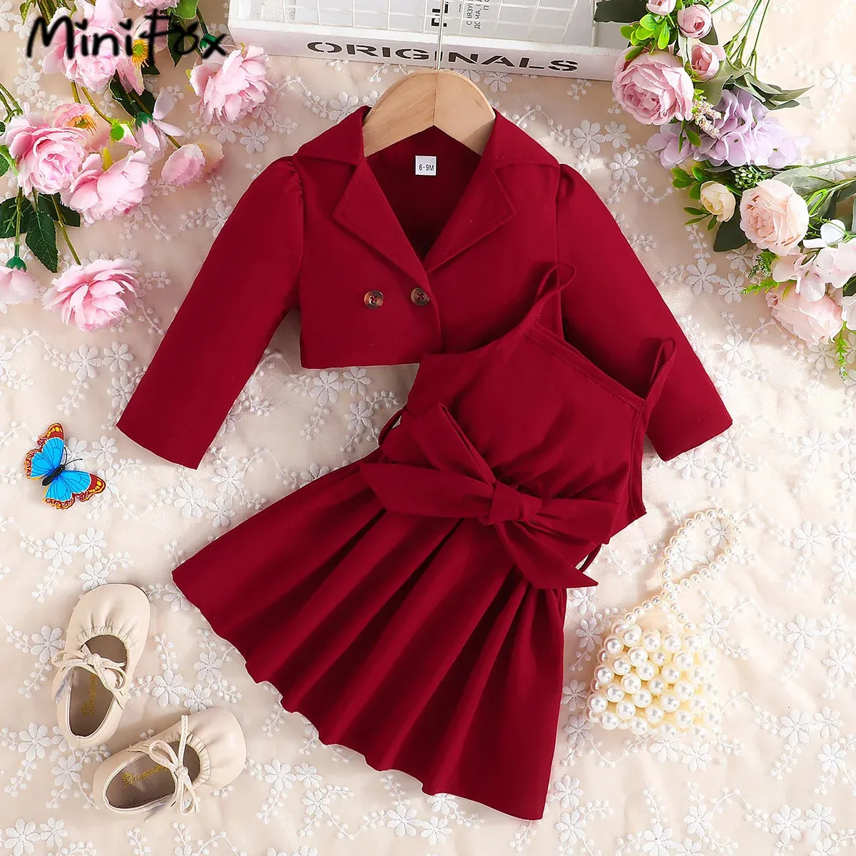 Baby Girls Blazer Dress Set Elegant Lapel Coat, Belted Wine