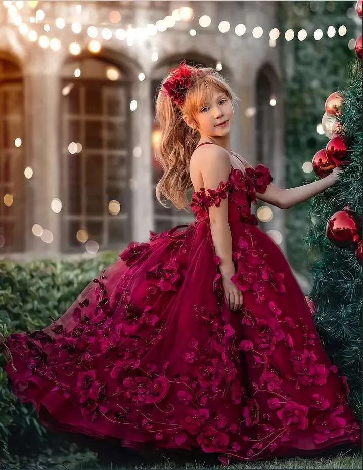 Burgundy Toddler Flower Girl Dress Long Sleeve Tulle Ball Gown with 3D  Appliques and Ruffles from Dhgate Flower Girls' Dresses - price 200.91