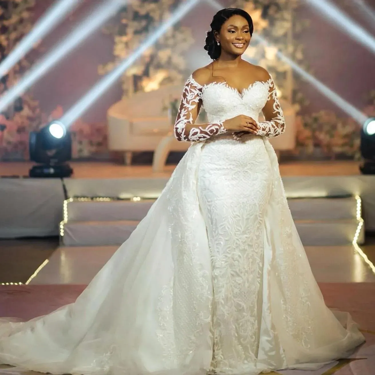Elegant Lace boho mermaid wedding dress with Sheer Long Sleeves and Tulle Applique Sweep Train - Perfect for Summer Beach Weddings (BC2299)