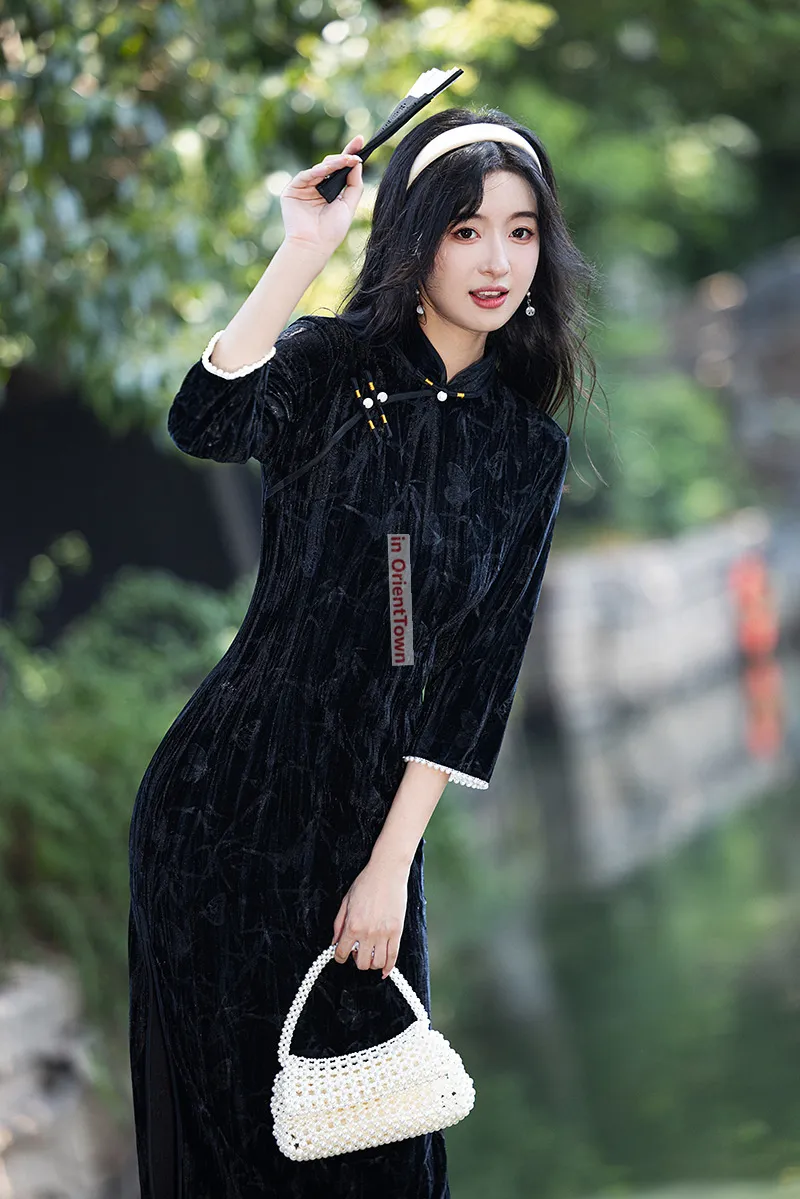 Black Elegant Qipao Traditional cheongsam velvet Harajuku Mini Dress for Carnival Parties and Sexy Outfits