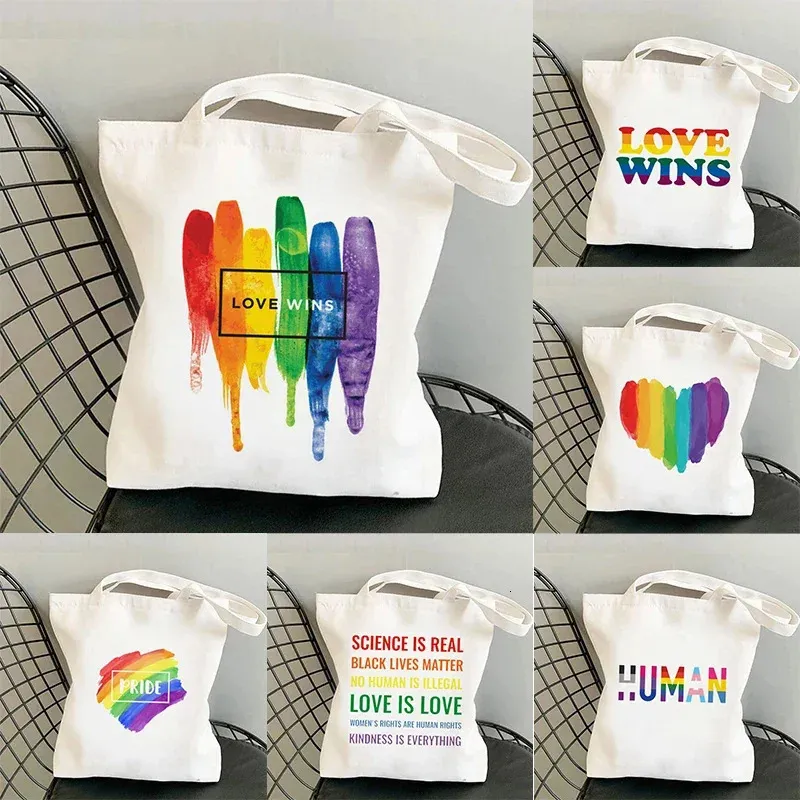 Canvas Tote Bag With Rainbow Pride Design, Reusable Cotton Handbag