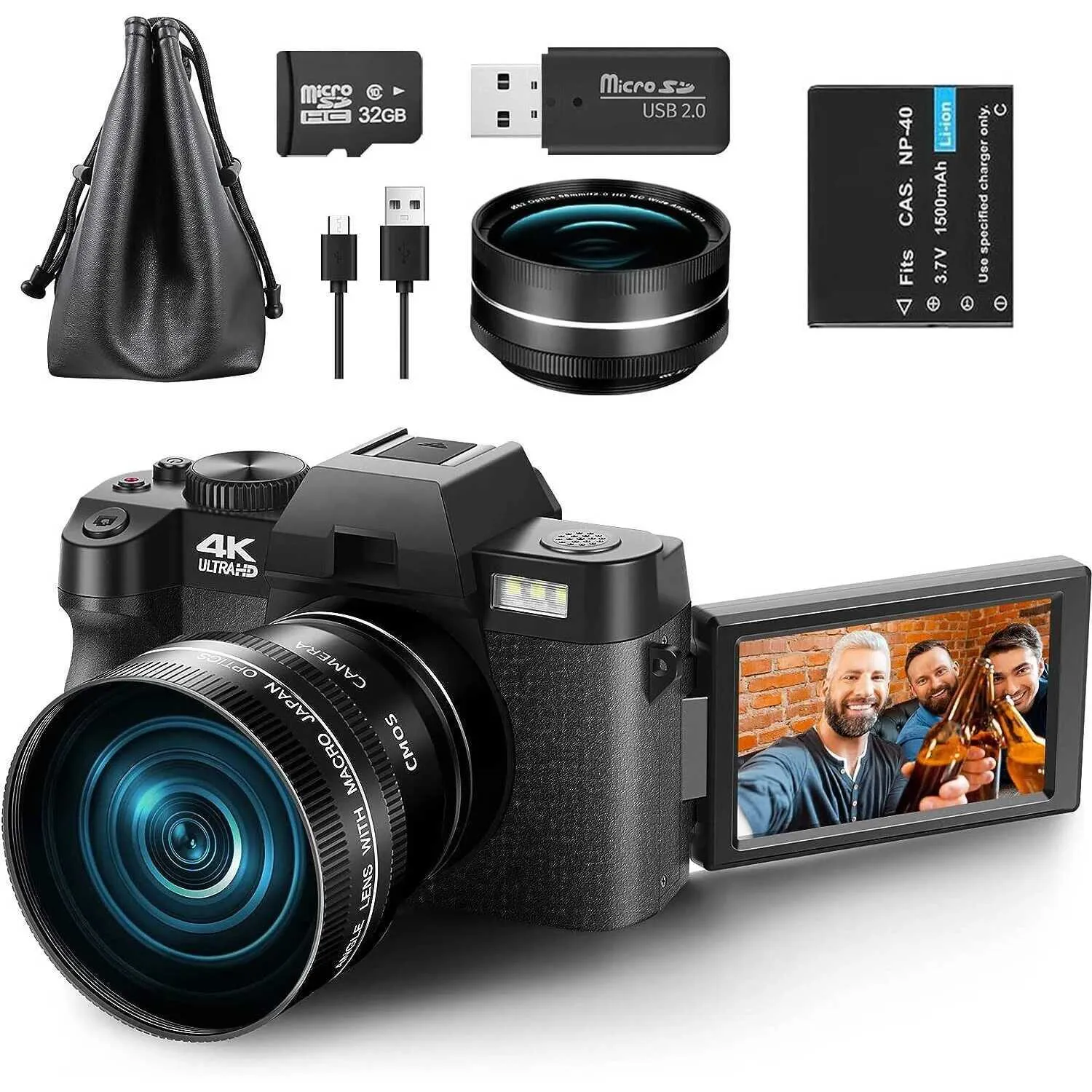 Digital Mini Camera 4K Vlogging Camera With Flip Screen, 48MP, 16X