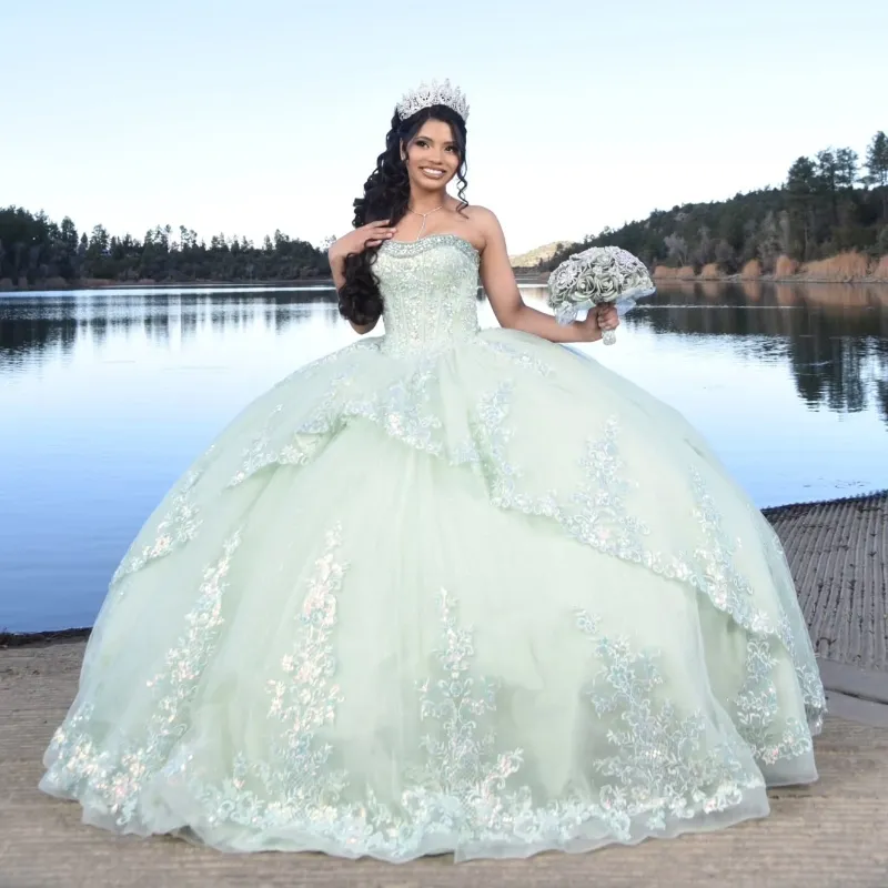 light green quince dress KissProm Ball Gown Tulle Off The Shoulder Sage Quinceanera Dress, Sage Green / 8 A graceful lace Green Quinceanera Dresses | Princesa