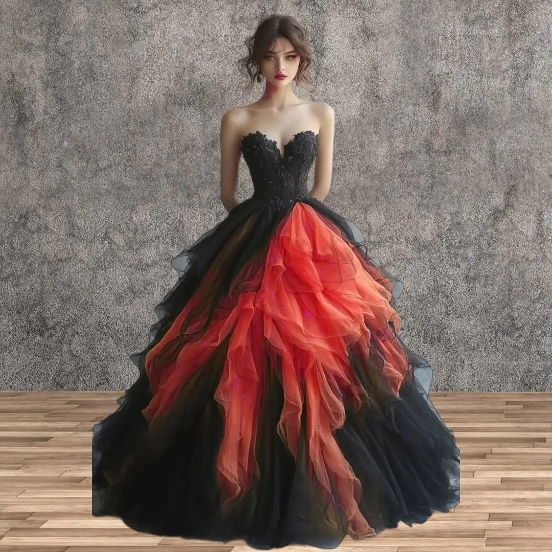 black and red tulle dress Black Tulle and Red Sequins Long Prom Dress, Off the Shoulder Evening