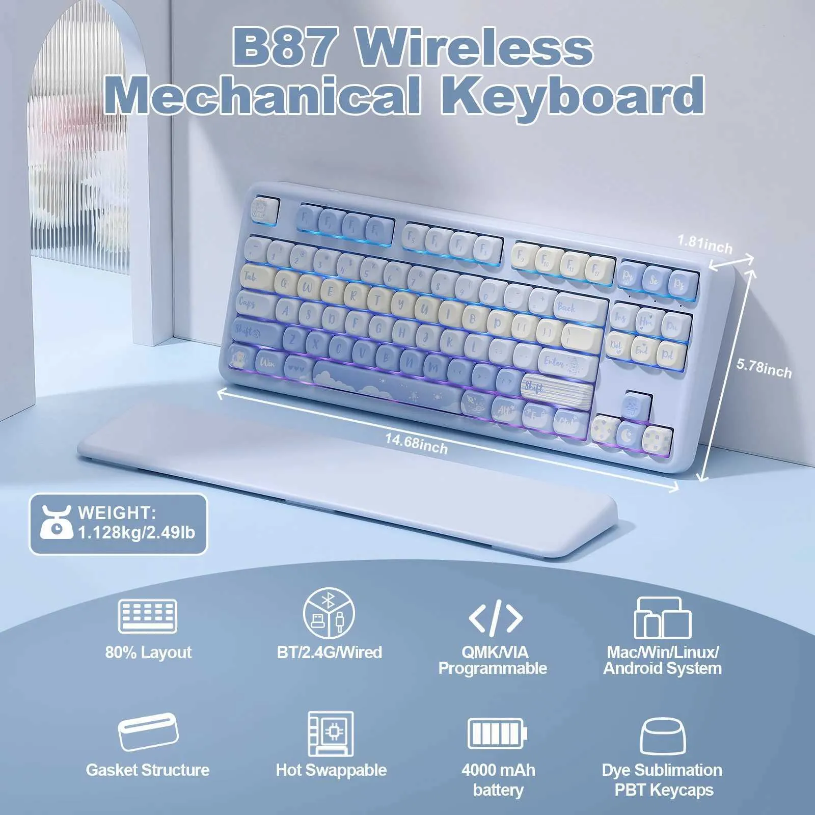 YUNZII B87 ブルー メカニカル ゲーミング キーボード ワイヤレス