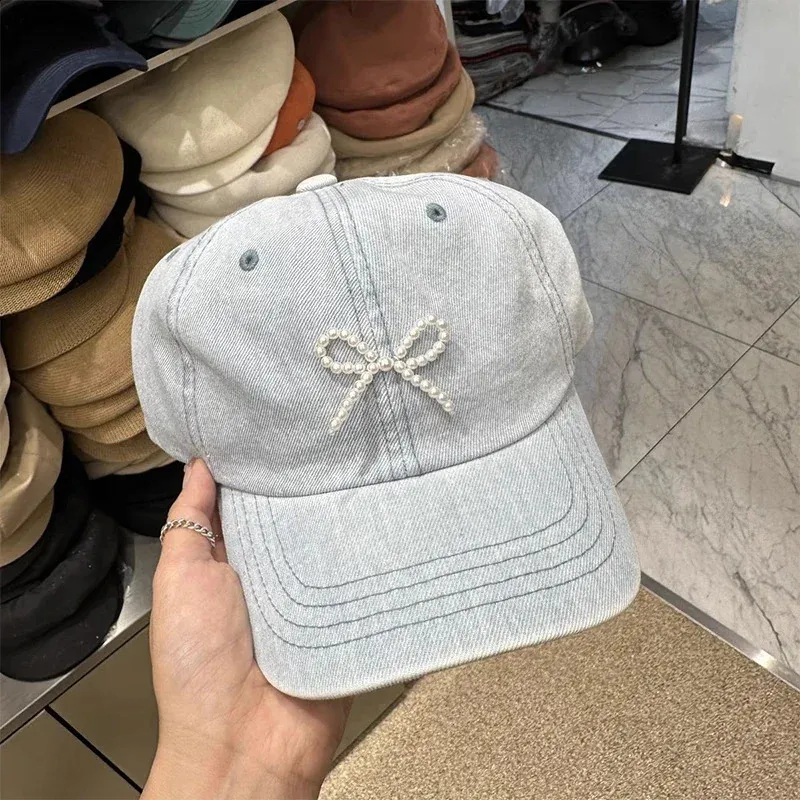 Denim Pearl Bow Baseball Caps For Women Sun... From Yizhan03  display picture 1