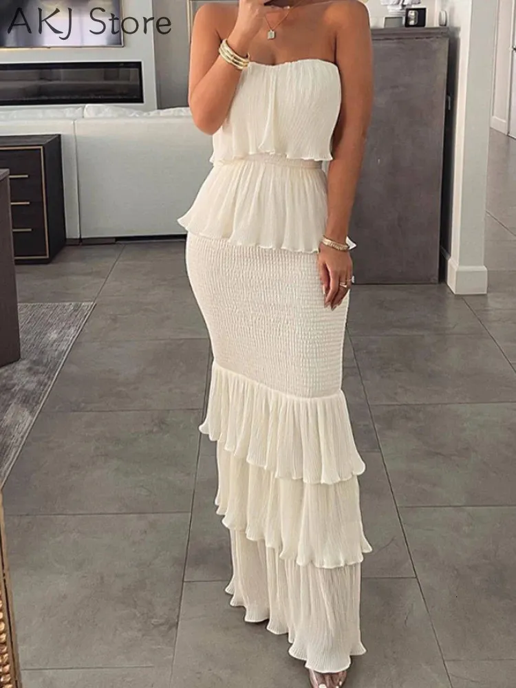 Shimmering Ruffle Hem Layered strapless maxi dress for Women - 250117 Shimmering Ruffle Hem Layered strapless maxi dress for Women - 250117