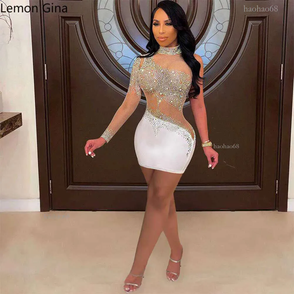 Lemon Gina Women's Diamond Rhinestone Mesh Mini Rhinestone dress - Casual Spring/Winter Patchwork with Long Sleeves and Open Back (Z0216)