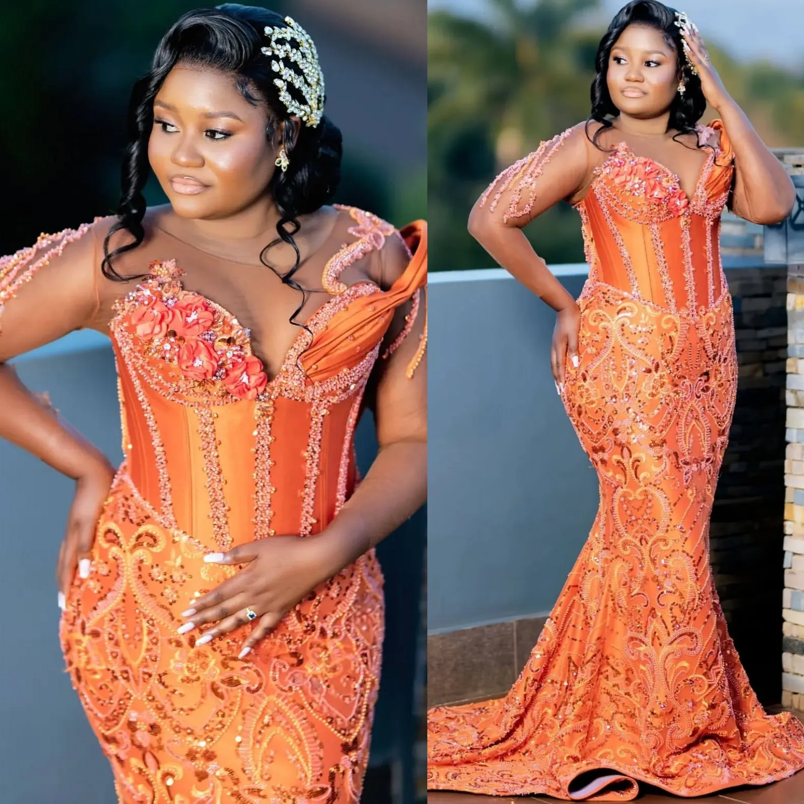 orange lace up dress 2025 Orange Mermaid Orange sparkly prom dress with Sequined Lace, Beaded Sheer Neckline, and Plus Size Options for Formal Parties, Birthdays,