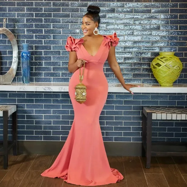 Watermelon Mermaid Petal Pink Bridesmaid Dresses with V-Neck and Elastic Satin for Nigerian Black Women and Girls - Perfect for Maid of Honor and