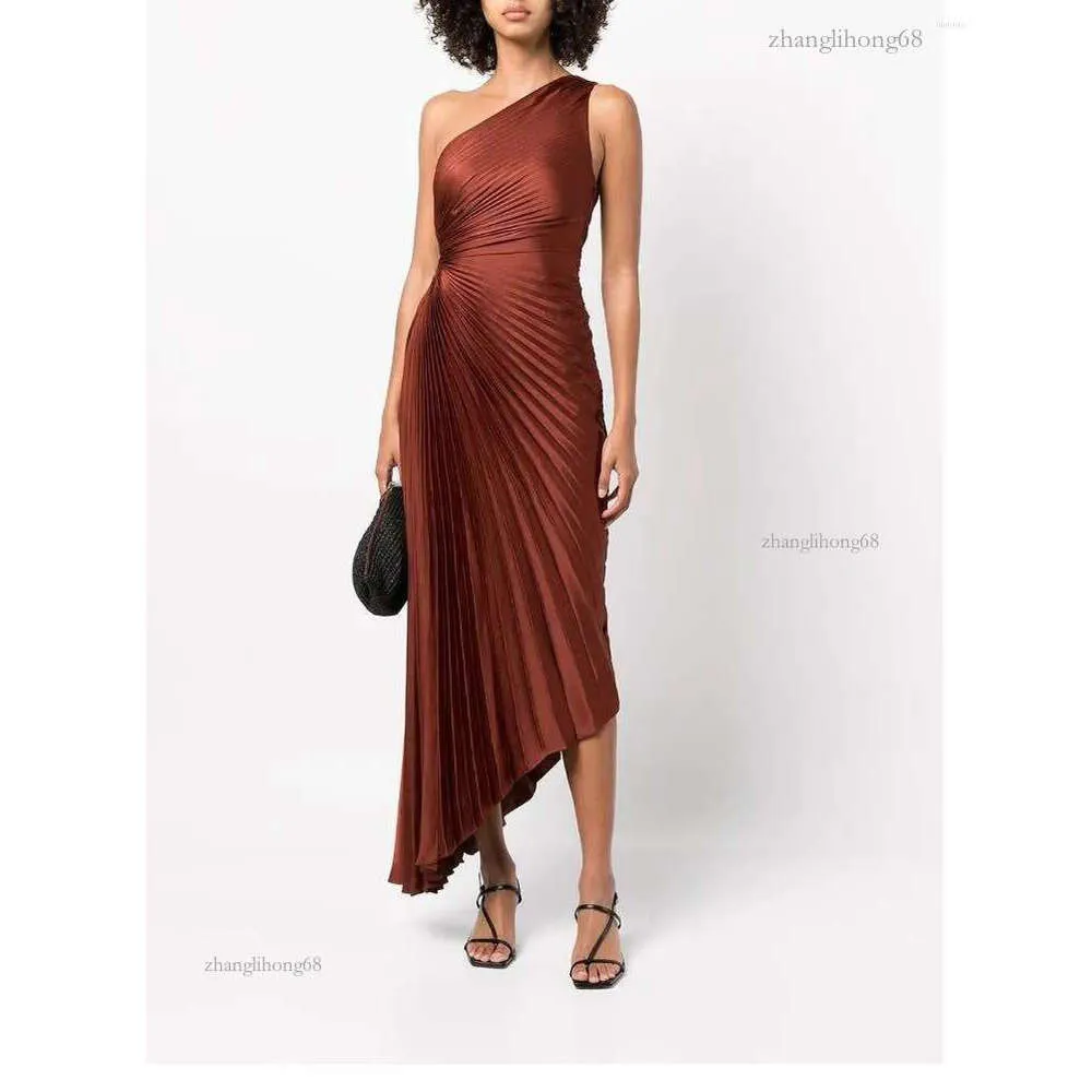 ALC Women's Polyester One-Shoulder Casual One Shoulder Midi Dress with Label - Brown, Ankle-Length, Vintage High Waist, Asymmetrical Design for Summer