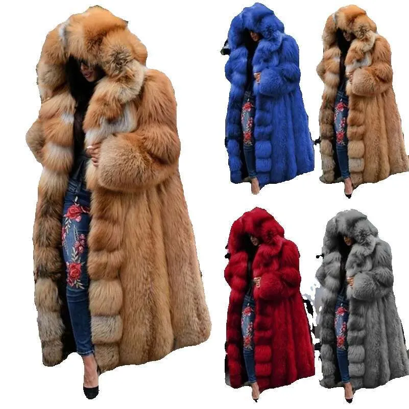 Manteau D'Hiver Femme Long Fourrure Avec Capuche - Manteau Chaud Fausse Fourrure Couleur Unie