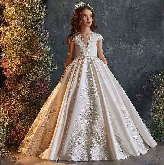 chinese dress ladies Puff Short Sleeves Tulle Bow Flower Girl Dress Birthday Party Dresses- ChicSew, Champagne main image 1