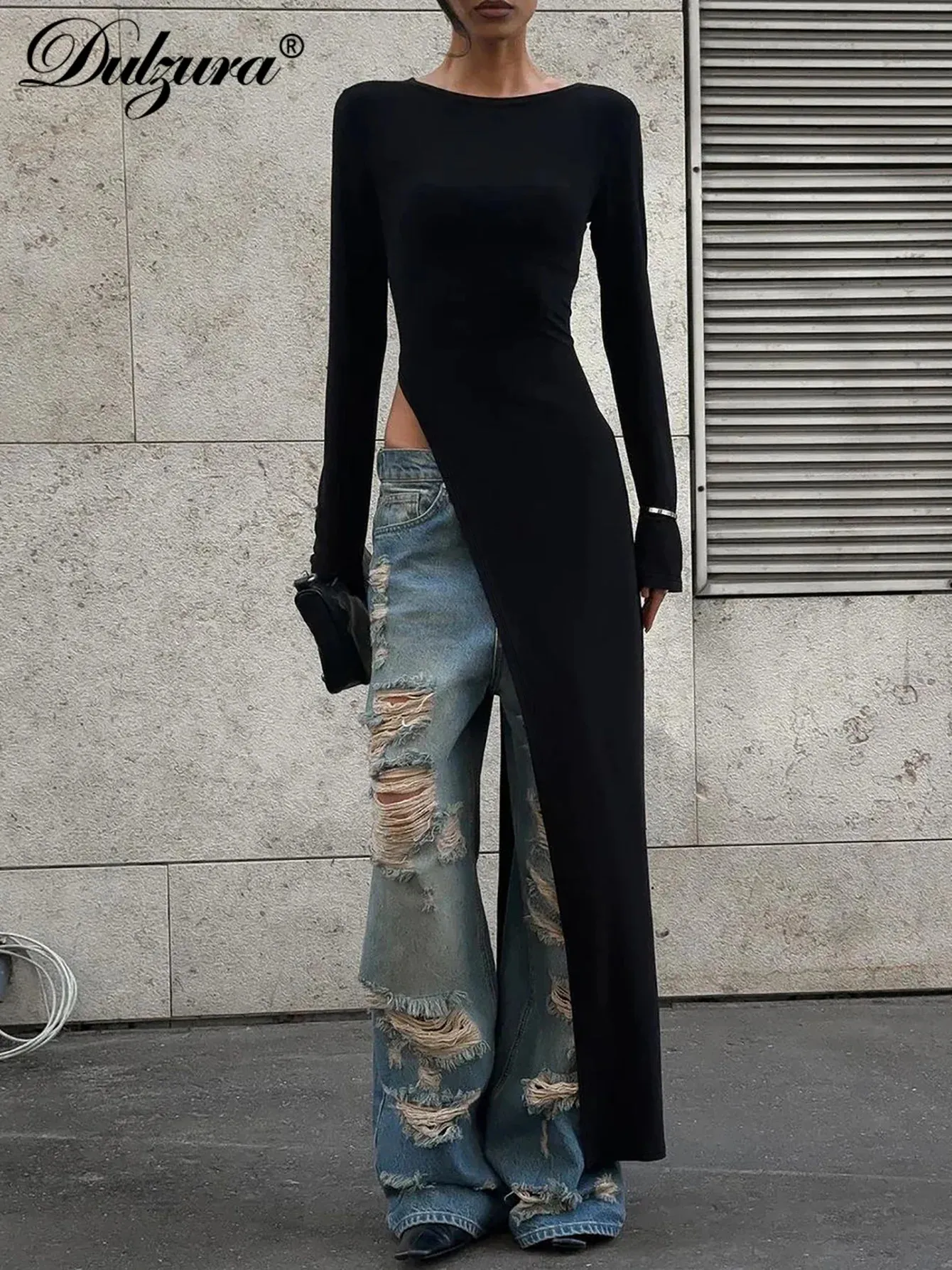 Dulzura High-Slit maxi tops for jeans with Long Sleeves - Solid Sexy Women's Party Club Streetwear Autumn/Winter Outfit (250110)