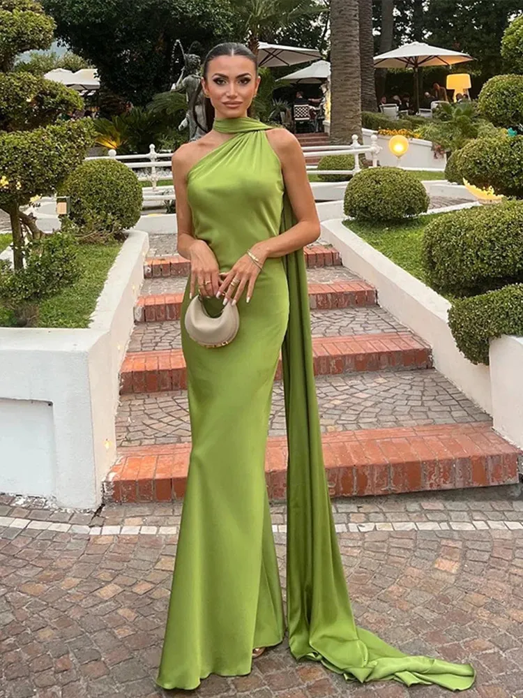 Satin Fishtail green prom dress with Ribbon Pendant Collar, Slanted Shoulder, Lace Back, and Slim Fit Suspender for Women - Style 250409