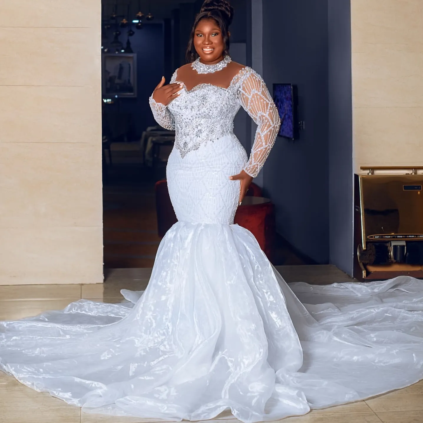 Vintage Ivory mermaid trumpet wedding dress with Crystals, Beaded Lace, and Full Sleeves - Plus Size, Elegant Bridal Gown for Bride (ZJ034) - 25 Vintage Ivory mermaid trumpet wedding dress with Crystals, Beaded Lace, and Full Sleeves - Plus Size, Elegant Bridal Gown for Bride (ZJ034) - 25