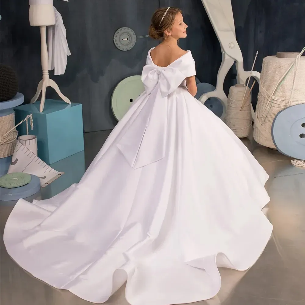 Toddler Satin Flower Girls Dress Off The Shoulder Bow A-Line Floor-Length  Ivory White Communion Gown from Dhgate Flower Girls' Dresses - price 131.61