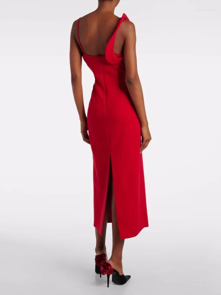 Red Asymmetrical Ruffled Flower Patchwork Red Midi Dress - Sleeveless Slim Midi Evening Party Gown for Women with Spaghetti Straps