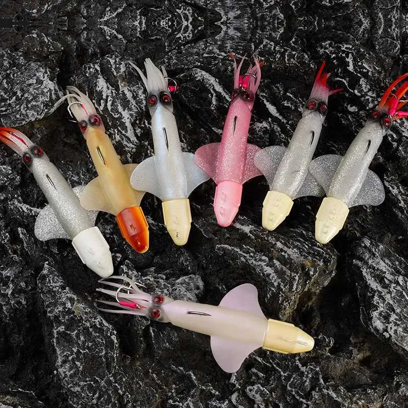 Elllv 5 pièces jupe de calmar douce lumineuse avec crochet d'assistance pêche en eau salée vivaneau Kabura Pesca Wobbler pêche gabarits leurre